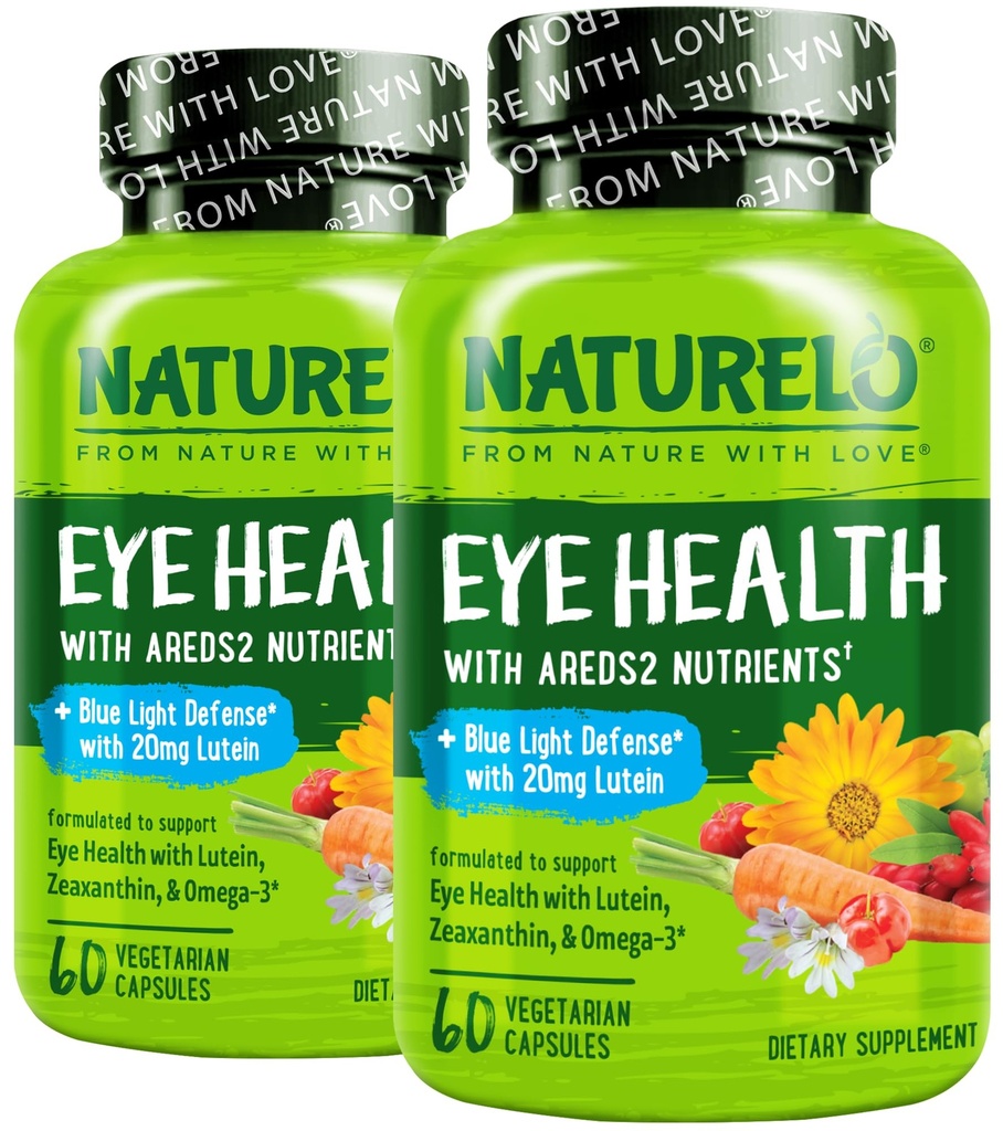 NATURELO 眼维生素 -- -- AREDS 2 配有Lutein,Zeaxanthin,维生素C,E,Zinc,Plus DHA -- -- 补充干眼,健康视觉,眼睛支持 -- -- 60 Vegan Capsules(2包)