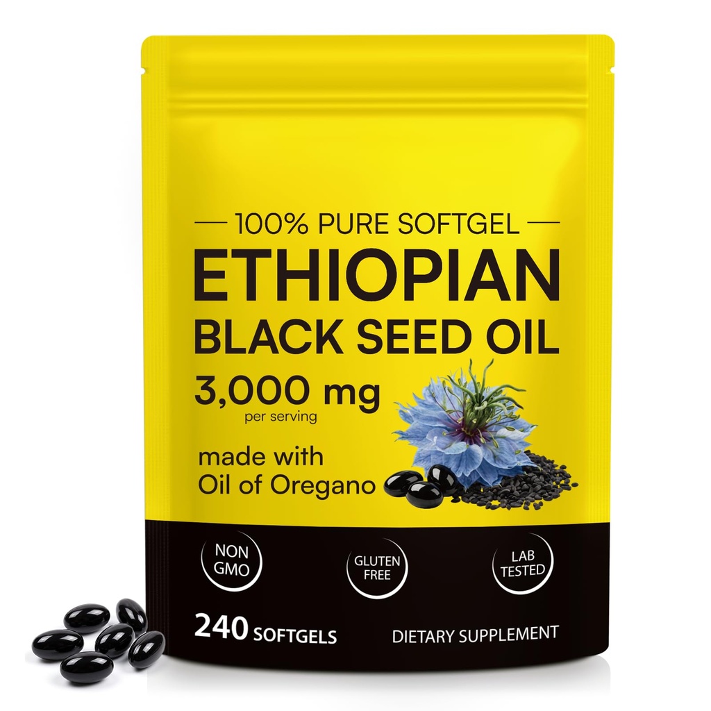 Xaarty Black Seed Oil Softgels 3000mg per Serving with Oregano Oil 100mg | Ethiopian Advanced 2-in-1 Formula, Cold-Pressed Nigella Sativa, Antioxidant & Immune Support, 240 Softgels