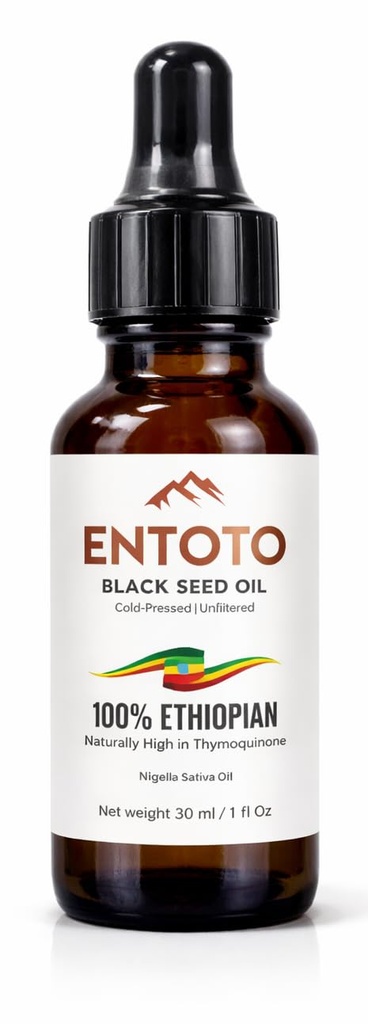 Entoto Premium Ethiopian Black Seed Oil - 100% Pure Cold Pressed Nigella Sativa - Unrefined Food Grade - Glass Bottle - 30ml