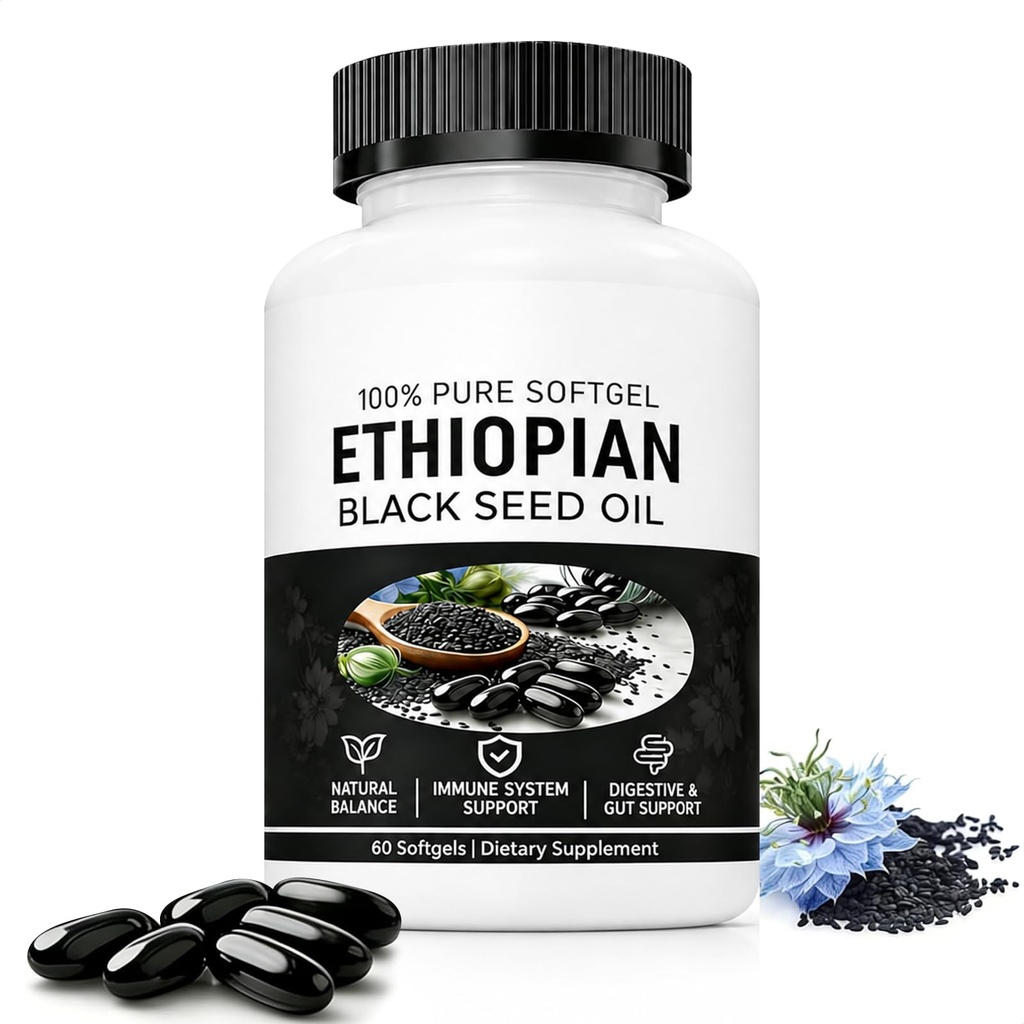 Ethiopian Black Seed Oil Softgels, 4.64% Thymoquinone, Organic Cold Pressed Black Cumin Oil Capsules, Immune & Digestive Support, Non-GMO, 60 Capsules