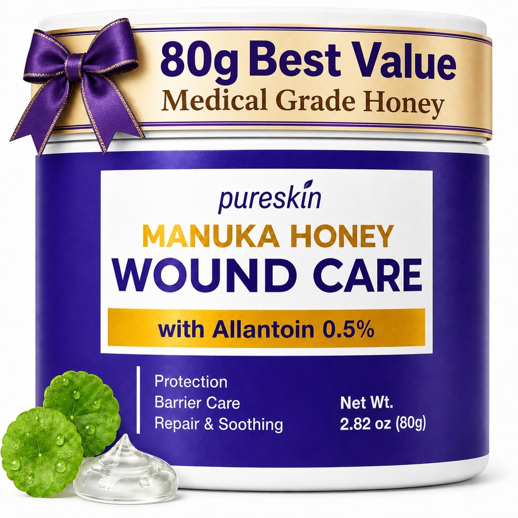 PURESKIN Manuka Honey Wound Care Ointment 2.82 oz (80 g): Manuka Honey Medical Grade Gel for Wounds, Cuts, Scrapes & Burns with Allantoin 0.5%, Tallow & Vitamin E - Fragrance-Free
