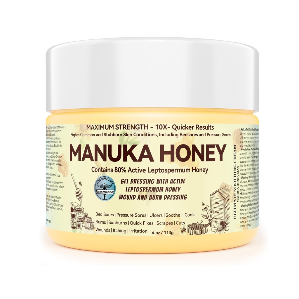 Organic Manuka Honey 10x Advanced Accelerated Healing Relief Care Products, Black Dressings, Buttocks Bed Sores Cream, Pressure Sores, Wounds, Ulcers, Cuts, Scrapes, Burns Deep, Calendula & Ap4 Aloe