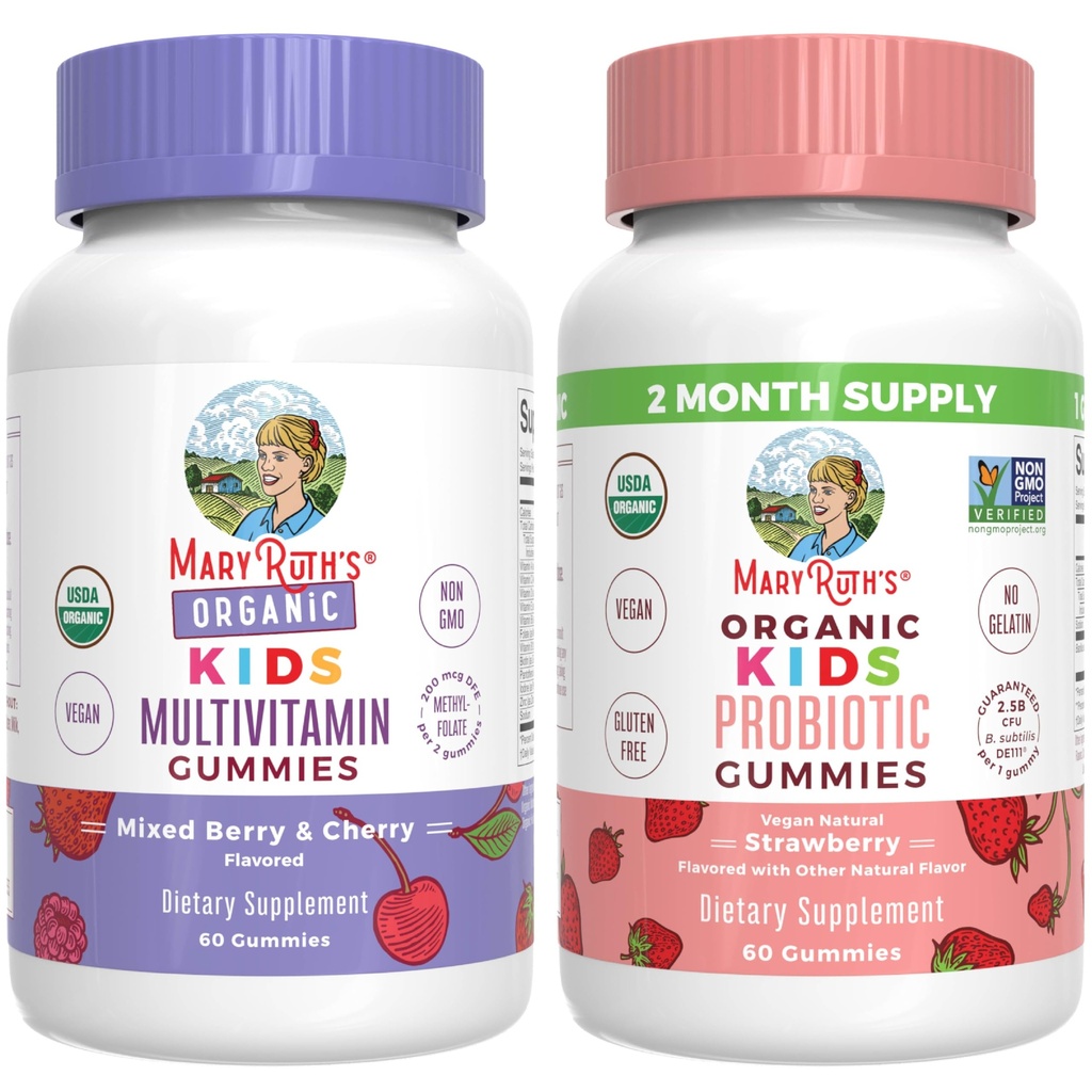 MaryRuth Organizations Gummys for Kids – Multivitamin(混合莓和樱桃), & Probiotic(草莓) & USDA Organization, No Gelatin!. Vegan,非GMO公司,《享有豁免、良好健康和全面健康维生素》