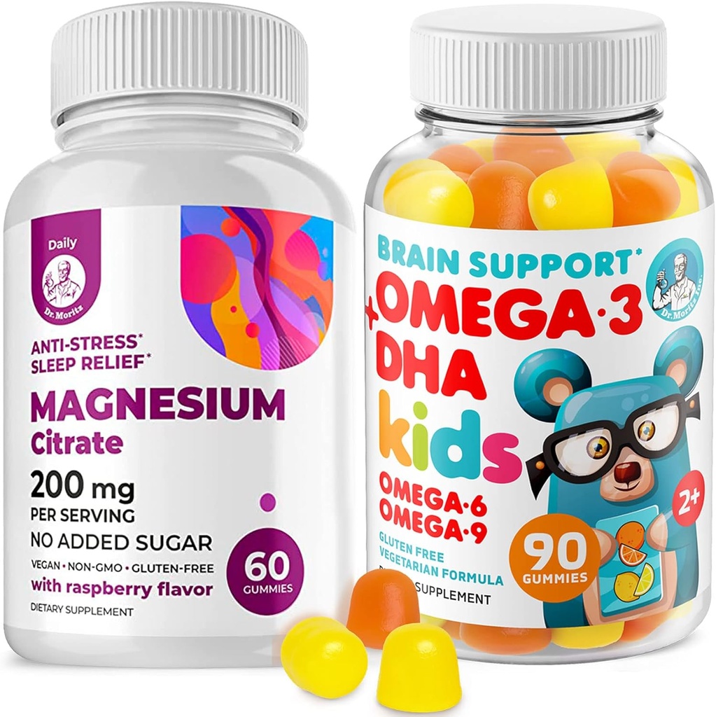 Omega3 给有Omega 6&9和Magnesium Gummys的孩子的Gummys - DHA儿童大脑补充心脏和视觉支持 - 无鱼油和Gluten自由免疫健康与无糖镁