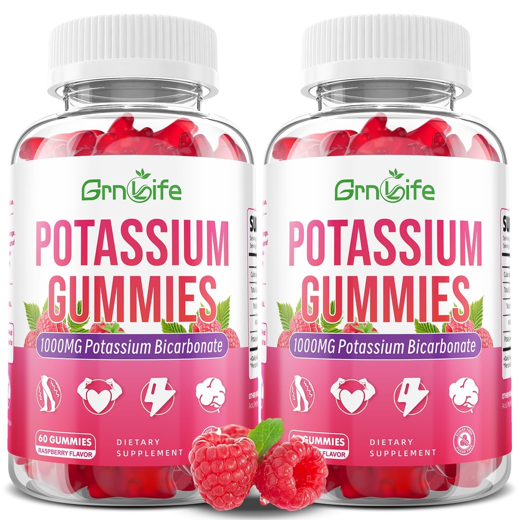 2 Pack Potassium Gummies 1000mg, Potassium Bicarbonate Supplement for Adults & Kids, Support Electrolyte Balance & Muscle Heath, Sugar-Free, Raspberry Flavor, 120 Count