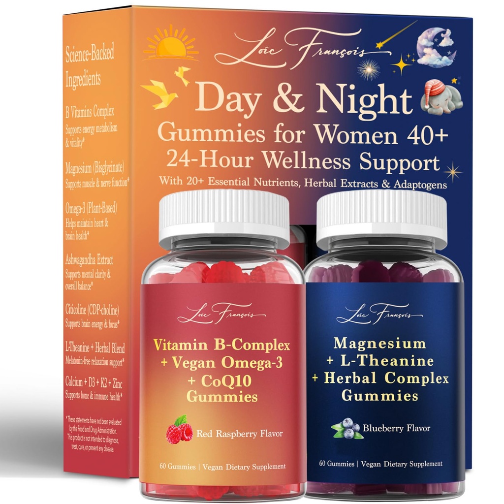 Day & Night Multivitamin Gummies for Women 40+ - 24 Hours Supplement with Methyl B Complex Vitamins, Magnesium Glycinate, L-Theanine, Omega3 for Daytime Energy & Nighttime Zzz - Vegan, Sugar-Free