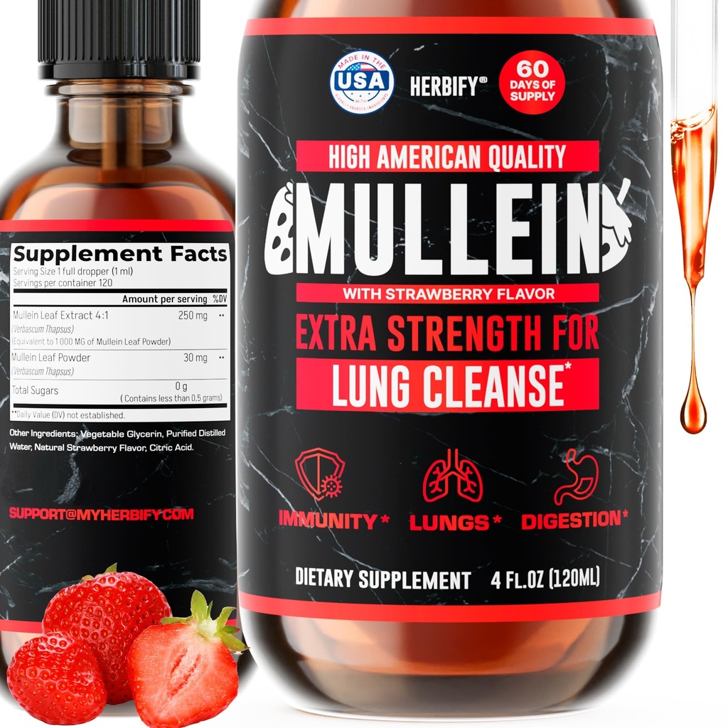 HERBIFY Mullein Drops - Lung Cleanse - Leaf Extract - Powerful Mullein for Immune Support, Detox & Respiratory Support - Made in USA - 4 Oz Strawberry Flavor