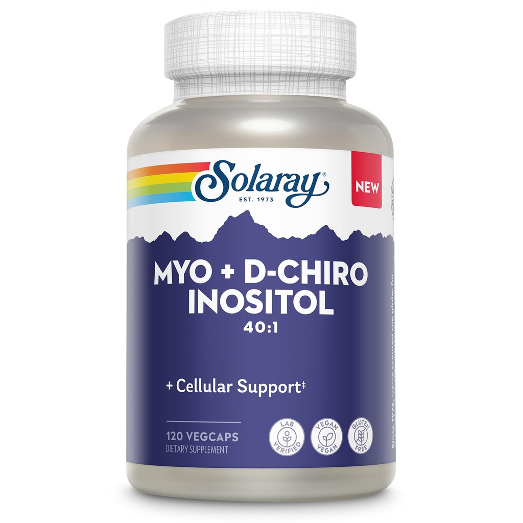 SOLARAY Myo Inositol & D-Chiro Inositol Supplement for Women and Men - Balanced 40:1 Ratio for Cellular Support - Vegan, Gluten Free, Made Without Soy, Lab Verified - 30 Servings, 120 VegCaps