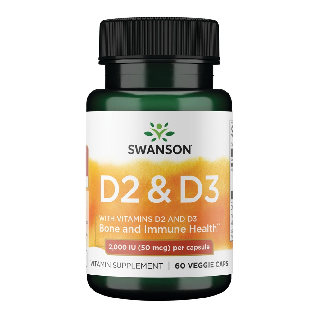 Swanson 维生素D 配有维生素D2 & D3的复合体 - 骨,牙科和免疫健康全阳光维生素复合体 - 维生素补充体(50 mcg,60 Veggie Capsules)