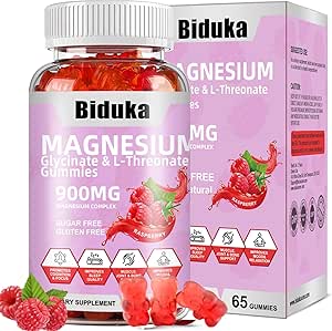 900mg 镁复合物 65 Raspberry Gummys,无糖镁 Glycinate & L-Threonate 钾 配维生素D, B6, CoQ10 放松剂