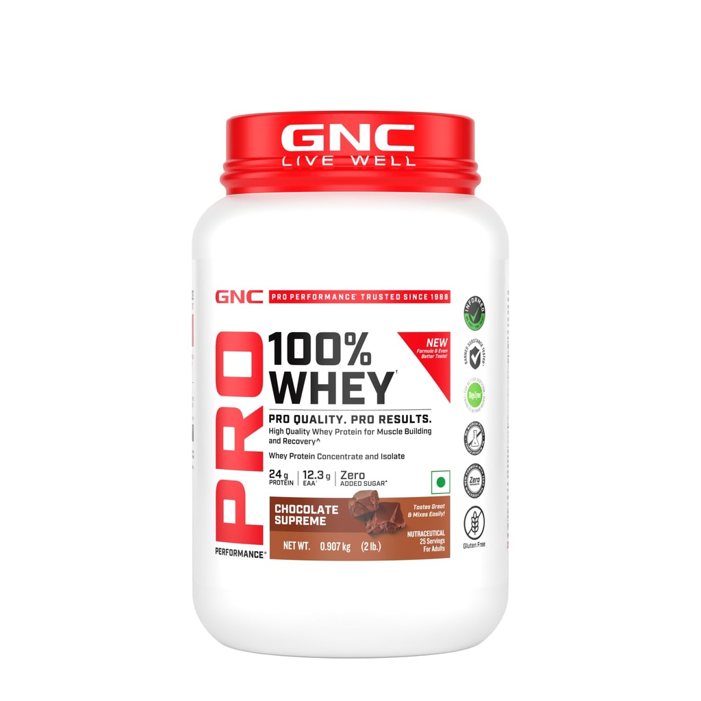 GNC Pro Performance 100% Whey Protein | New Formulation | 24g Protein, 5.7g BCAAs, 12.3g EAAs | Added DigeZyme® | Whey Isolate & Concentrate Blend, Low Carb (4.51g), No Added Sugar | Chocolate Supreme , 907g