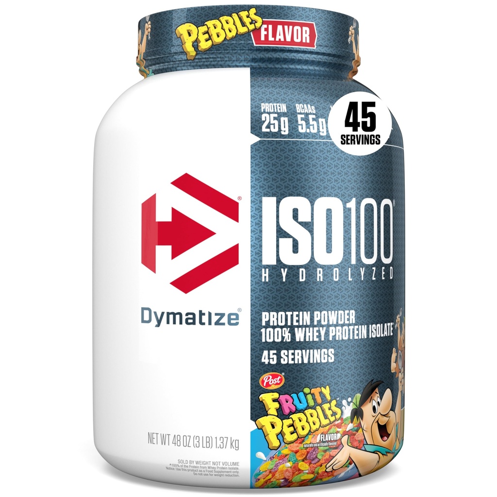 Dymatize x 水果卵石 ISO100 Whey蛋白蛋白粉溶液,25g 蛋白质,5.5g BCAAs,120 Cal., Gluten Free, 1g Fat, 1g Sugar, 2g carb (45 services)