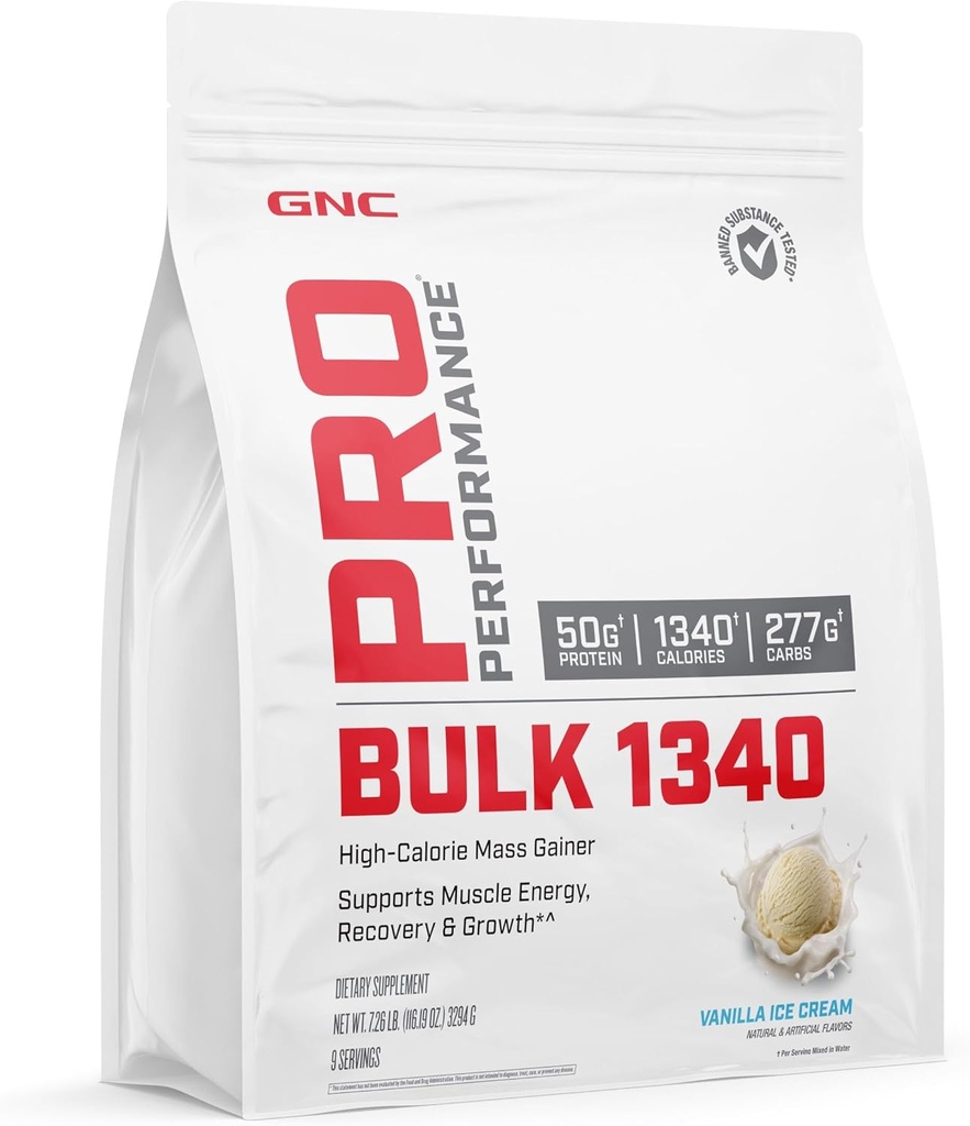 GNC Pro Perforce Bulk 1340 Mass Gainer蛋白粉,50g, Gluten Free, Whey, Creatine, BCAA, 3th Party Tested, 肌肉恢复与生长,微营养素, 香草冰凝胶, 9 服务