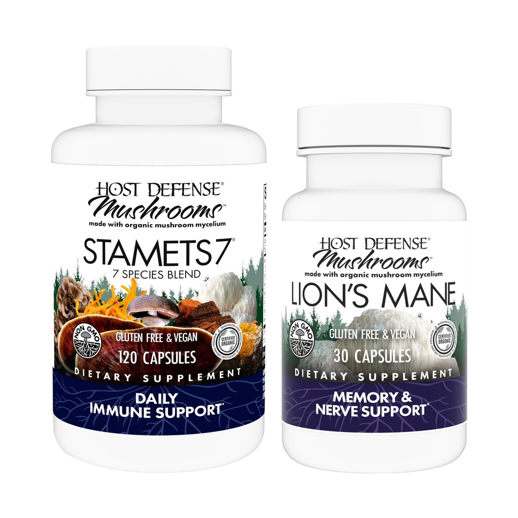 Host Defence Bundle with Stamets 7, 120 Counter & Lion's Mane Capsules, 30 Counter - 支持免疫健康与功能 - 支持脑健康,记忆与聚焦*