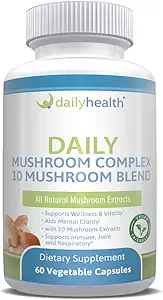 每日健康 10 蘑菇混合综合体 60 Capsules Cordyceps, Reishi, Shiitake, Lions Mane, Maitake, Turkey Tail, Chaga, Agaricus, 白扣, 黑方古斯, Vegan 友好(一个月供应)