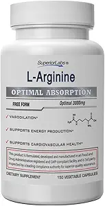 高级实验室L-Arginine 3000mg、纯非GMO、高概率氨基酸、氮氧化物和蒸汽促进剂促进血液流动、支持能量和耐力、肌肉泵和心脏健康、150Veg Caps