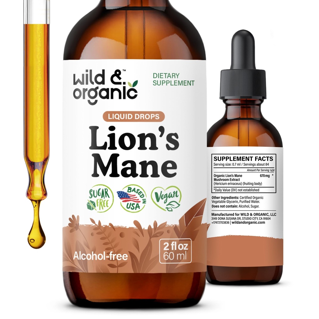 Wild & Organic Lions Mane Liquid Drops - Focus & Brain Support - Lions Mane Supplement - Hericium Erinaceus Mushroom Extract Tincture - Mix with Powder & Add to Tea - Alcohol & Sugar-Free - 2 fl oz