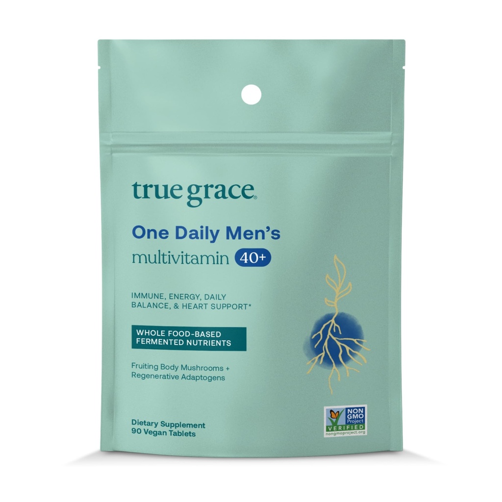 True Grace Men's 40+ One Daily Multivitamin 发酵矿物,有机适应剂和蘑菇 全身平衡剂,耐力,骨骼和心脏支持补充剂 - 非GMO - 90 蔬菜片