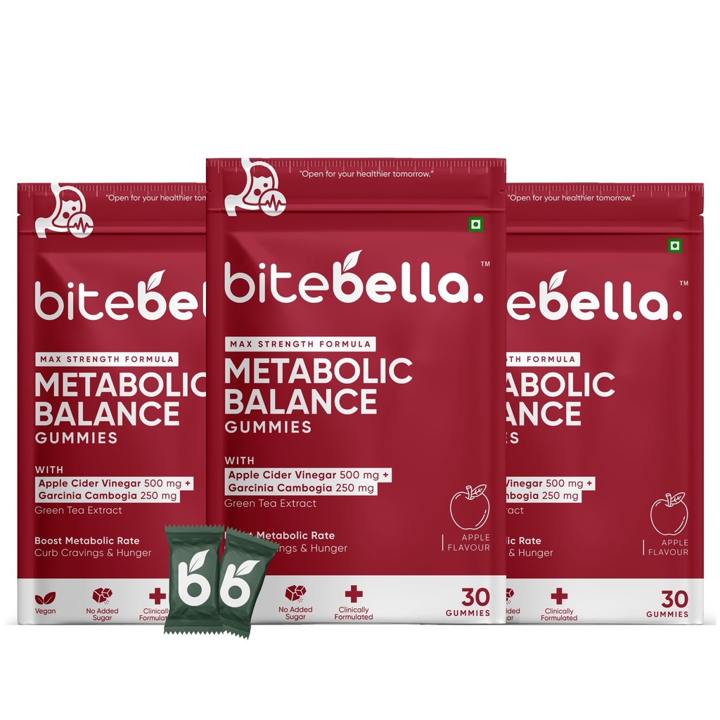Metabolic Balance Gummies | Apple Cider Vinegar 500mg + Garcinia Cambogia 250mg | Green Tea, Inulin, L-Carnitine | Boost Metabolism & Curb Cravings | Vegan | Apple Flavour (Pack of 3)