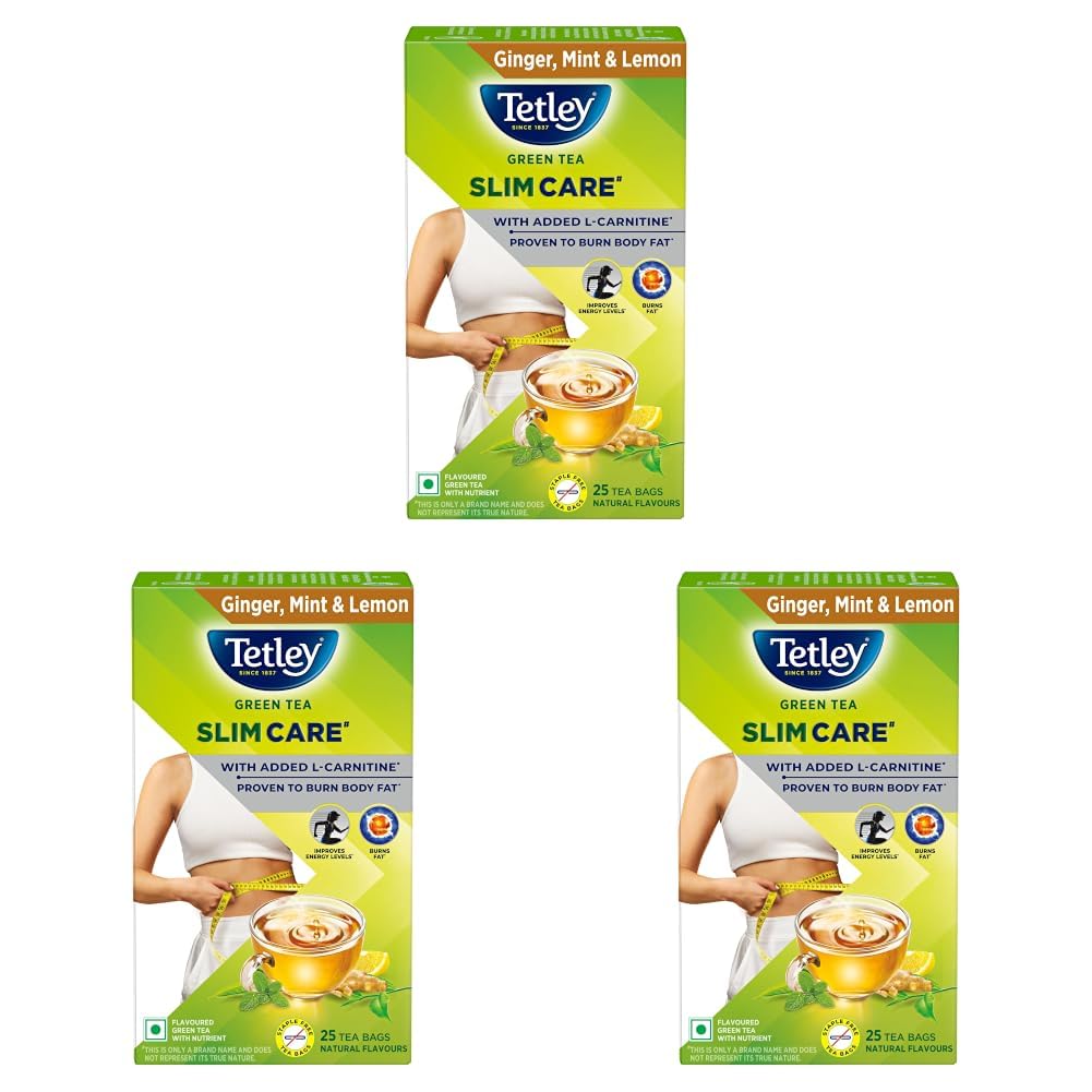 Tetley Green Tea Slim Care, With Added L-Carnitine, Helps Burn Body Fat, Boosts Energy, Low Calories, Delicious Natural Ginger, Mint and Lemon Flavours, Makes 25 cups (Pack of 3)