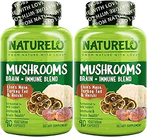 Naturelo 蘑菇补充剂 — Brain & Immune Health blend with Lion's Mane, Reishi, Turkish Tail — 90 Vegan 友好卡普尔(Pack of 2)