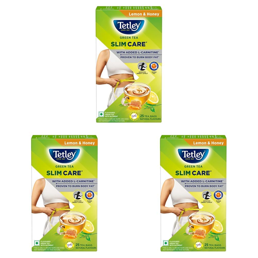 Tetley Green Tea Slim Care, With Added L-Carnitine, Helps Burn Body Fat, Boosts Energy, Low Calories, Delicious Natural Lemon and Honey Flavours, Makes 25 cups (Pack of 3)