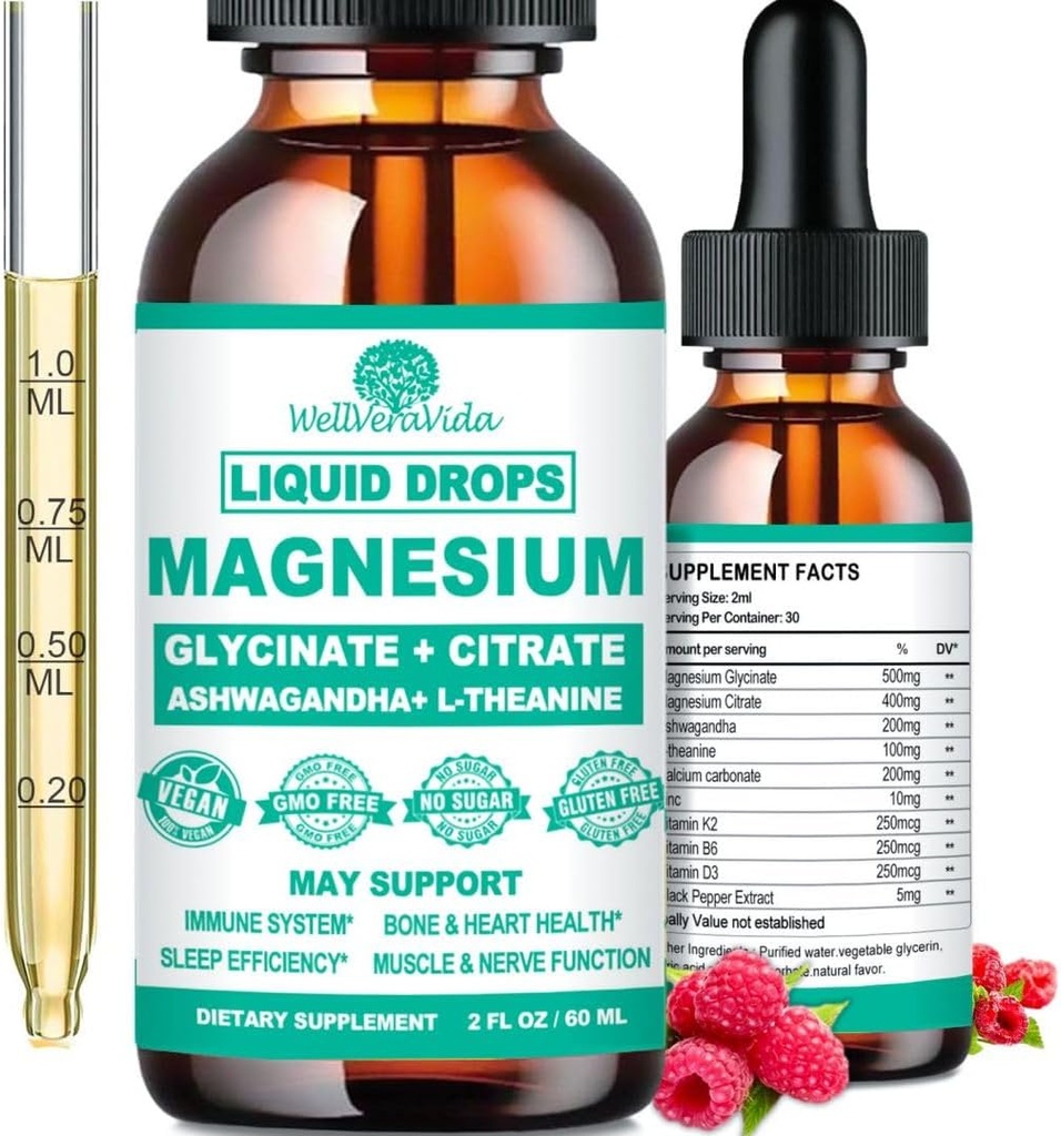 甘油酸镁500mg, 淡化甘油酸镁, 与维生素D3 K2 B6 Ashwagandha, L- Theanine, Chelate Magnesium Complex 补充液滴, 用于Immune睡眠 Bone Mood Nerve 健康