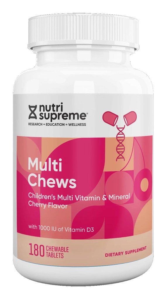 Delicious Kids Multivitamin, 180 Vegetarian Chews – Complete Children’s Supplement with Essential Vitamins and Minerals - Vitamin A, B, C, D3, Calcium, Iron, Folic Acid, Zinc – Cherry Flavor