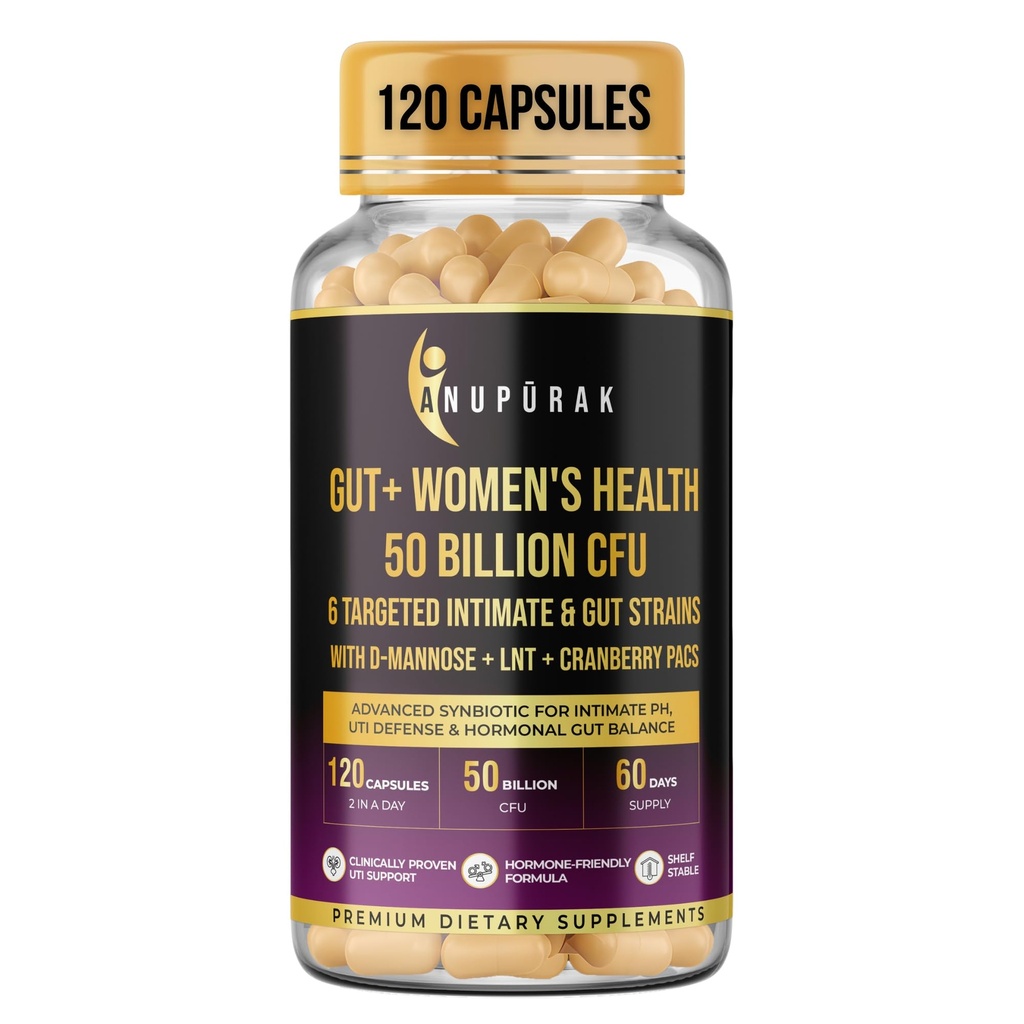 Women's Probiotic 50 Billion CFU | Vaginal, Urinary Microbiome & Gut Health Support | 6 Strains Probiotic for Women with D-Mannose + Cranberry + LNT Prebiotic | 120 Capsules (60-Days)