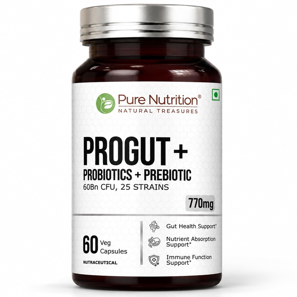 Pure Nutrition Progut + | Probiotics Supplement 60 Billion CFU | Gut Health Supplements with Probiotic | Gut Cleanse with Prebiotics and Probiotics | Supports Digestive Health | Relief from Gas & Bloating – 60 Capsules