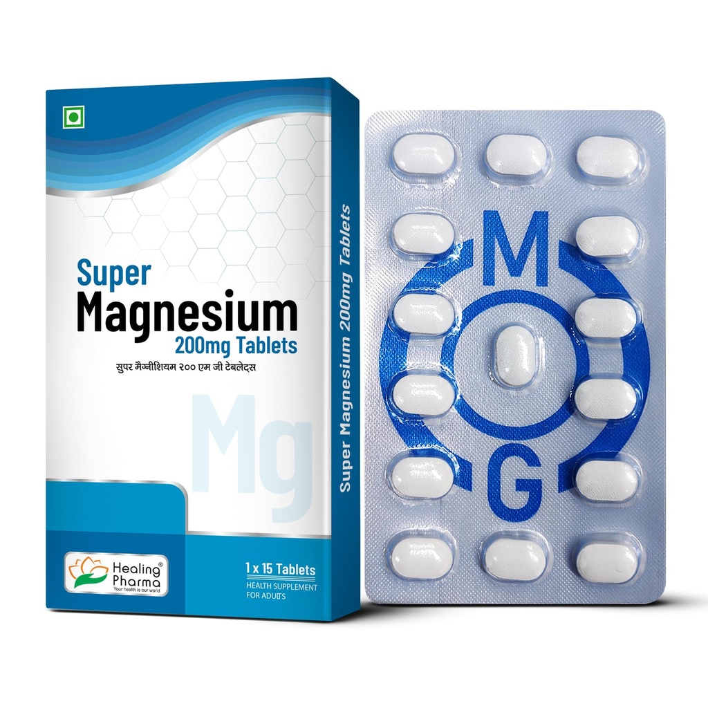 Healing Pharma - Super Magnesium 200mg Tablet – Health Supplement for Adults – Supports Nervous System, Relaxation & Quality Sleep – 15 Tablets