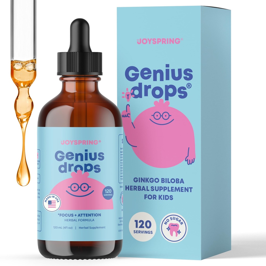 JoySpring Genius Drops - 儿童有机焦点滴 \ 临床证明的焦点补充 帮助儿童在学校表现更好 + 液体草药补充 与 Ginkgo Biloba(4 fl oz) 120 服务