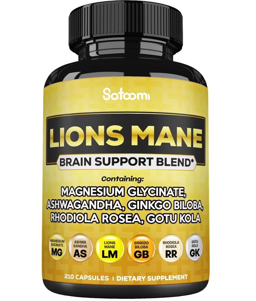 Lions Mane Capsules 配有镁的Capsules 配有 Ashwagandha Root、Ginkgo Biloba、Rhodiola Rosea 和 Gotu Kola - 210 Vegan Capsules - 支持脑健康、积极混合和能源生产