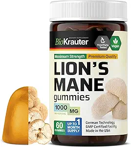 BIO KRAUTER 雄狮 Mane Gummys 成人 - 1000 mg 强度 - 60 Vegan 蘑菇 补充 Chews - 狮子 Mane 补充 大脑 - Gelatine-无