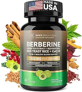 Berberine 1300mg 配有绿色茶叶提取,Resveratrol,红酵母大米 & CoQ10 – 13-in-1 Immune Health, 自然代谢支持 – 60 Capsules – 非 GMO, 实验室测试