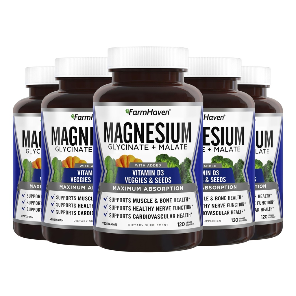 FarmHaven Magnesium Glycnate & Malate Complex w/ 维生素D3, 百分百切除麦斯吸附剂, Vegan – Bone Health, Nerves, 肌肉, 600 Capsules, 300天