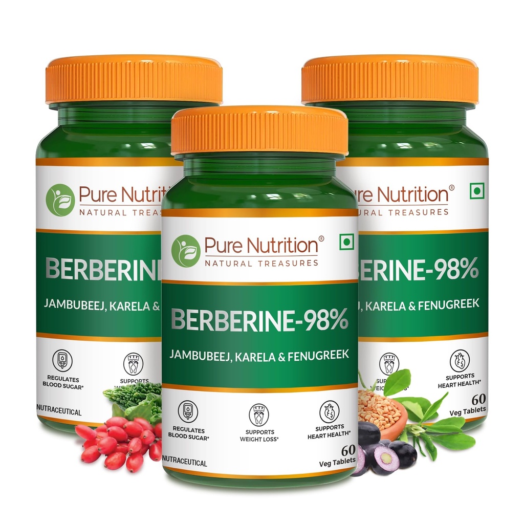 Pure Nutrition Berberine Supplement - 180 Veg Tablets (60x3) | 98% Berberine with Jamun Beej, Karela & Fenugreek Extract | Supports Healthy Blood Sugar, Weight Management & Heart Health | Natural Formula for Holistic Wellness