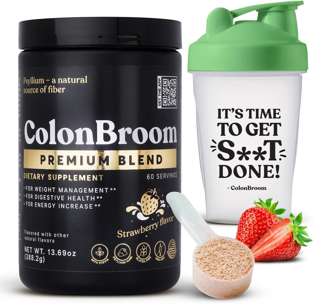 ColonBroom Premium Psyllium Husk 粉末(Strawberry, 60 services) + ColonBroom Fiber 粉末饮料盒的摇瓶 - Colon Clean Cleanse for Bloating Relief & Gut Health - Fiber 粉末补充剂