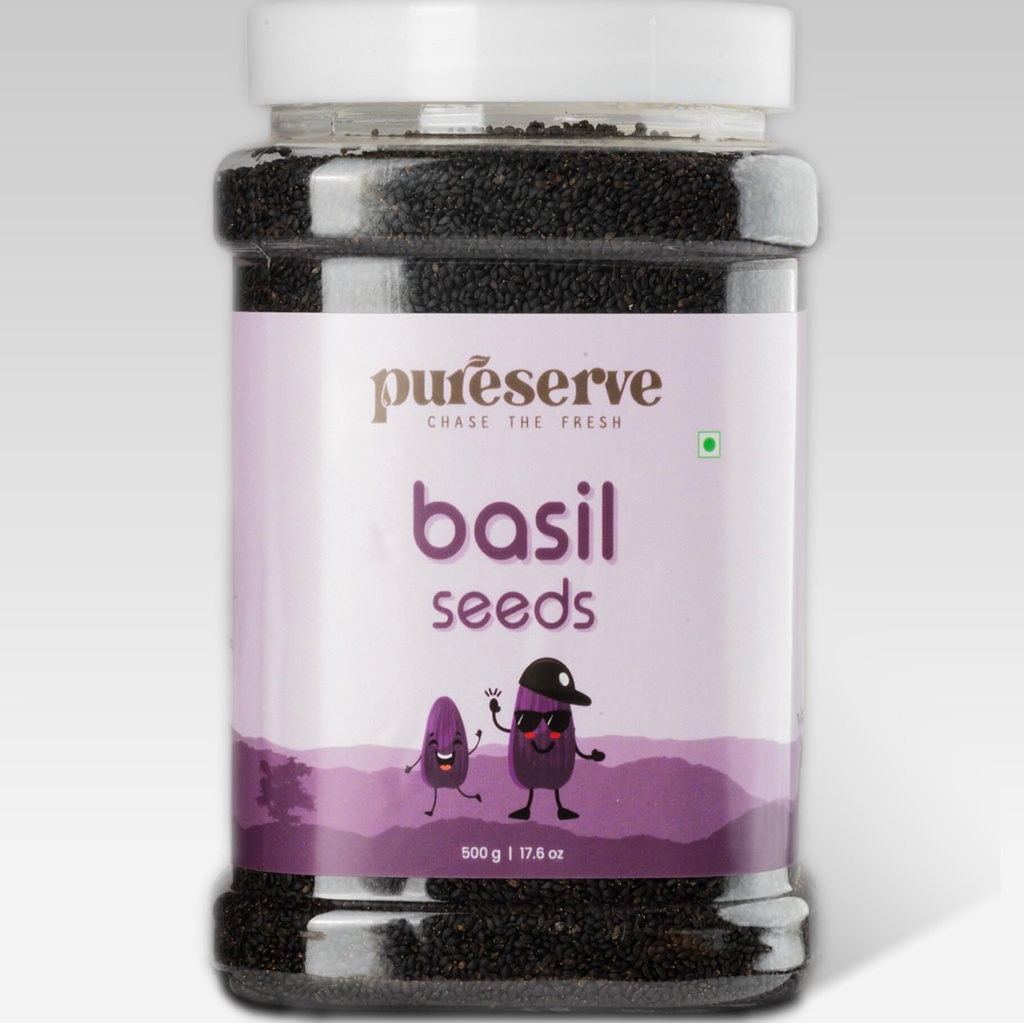 Pureserve Premium Basil Seeds 500g - Superfood for Weight Loss & Digestion |Sabja Seeds | High Fiber & Omega-3 | Natural Detox & Hydration Booster | Ideal for Smoothies & Drinks Gluten-Free