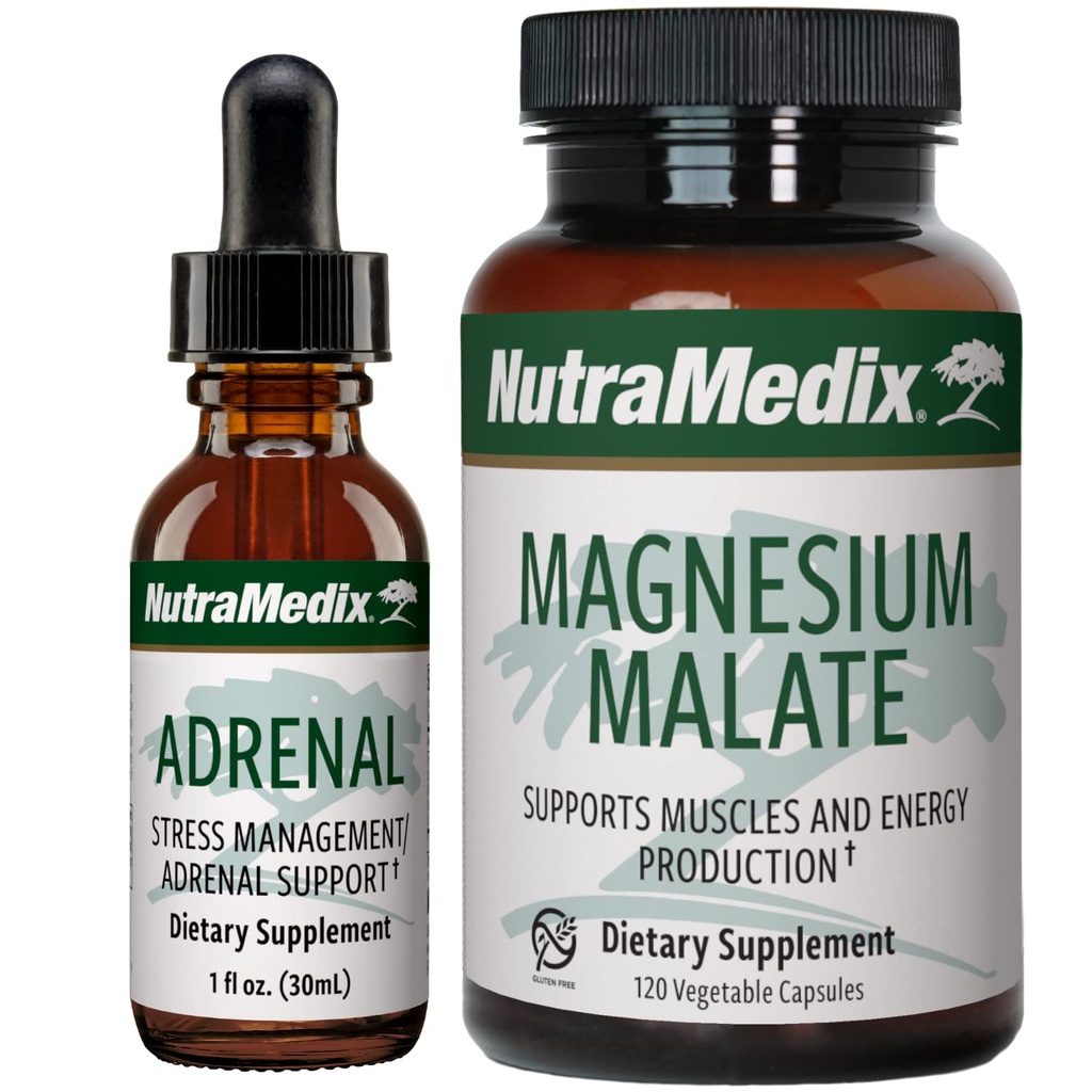 NutraMedix能源支持套装 - 包括肾上腺能量支持液滴和用于能源及运动支持的Malate镁胶囊 - 无咖啡因 - 2-Piece 补充套装