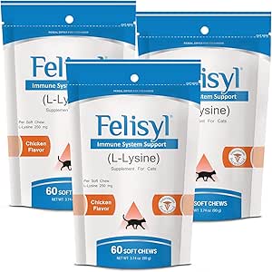 L-Lysine Soft Chews for Cats (60 Soft Chews) – 支持免疫,呼吸,和眼健康. 易ases喷嚏, Runny Nose, 和水眼. Tasty Salmon Flavor - (3 Pack) (英语).