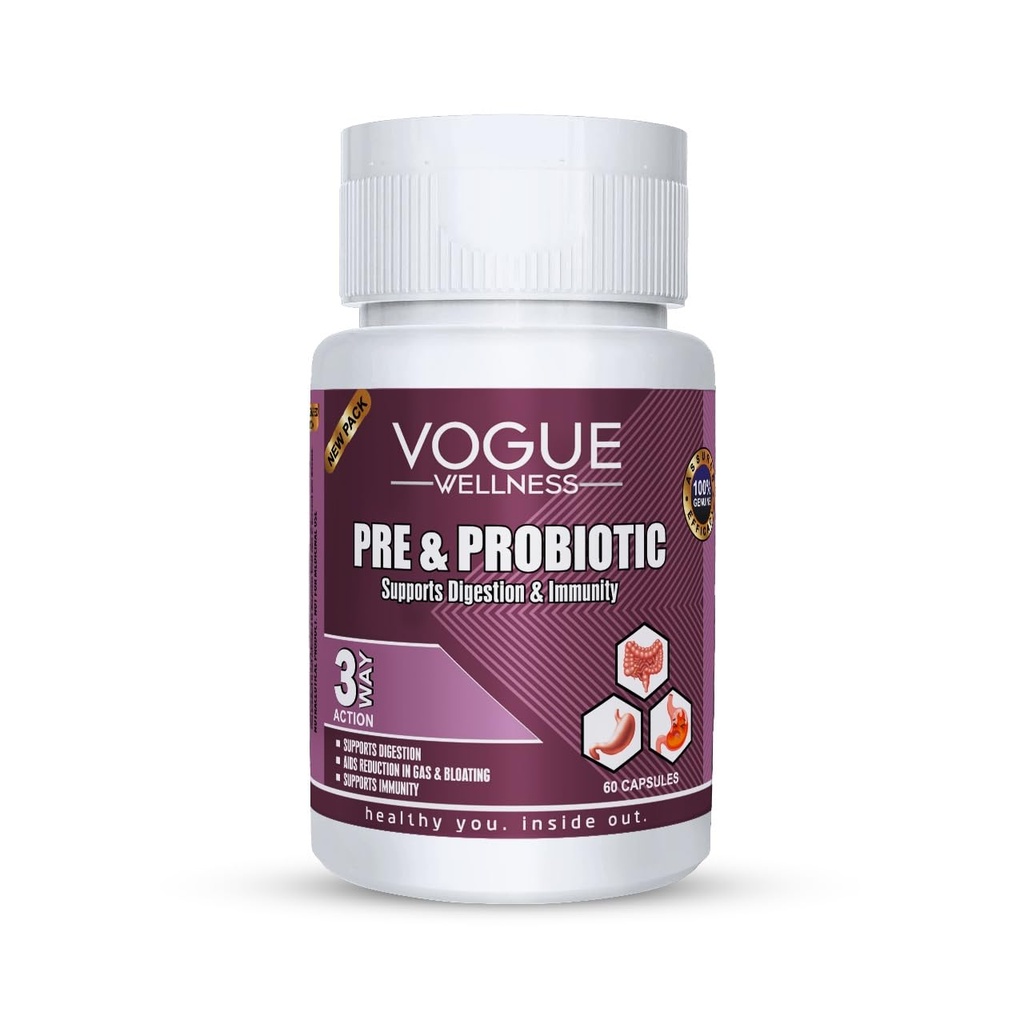 Vogue Wellness Pre and Probiotics Supplement For Men and Women | 4 Billion CFU Helps For Gut Health, Better Immunity and Digestion | Supports Healthy Gut Flora and Nutrient Absorption | Vegetarian | 60 Capsules