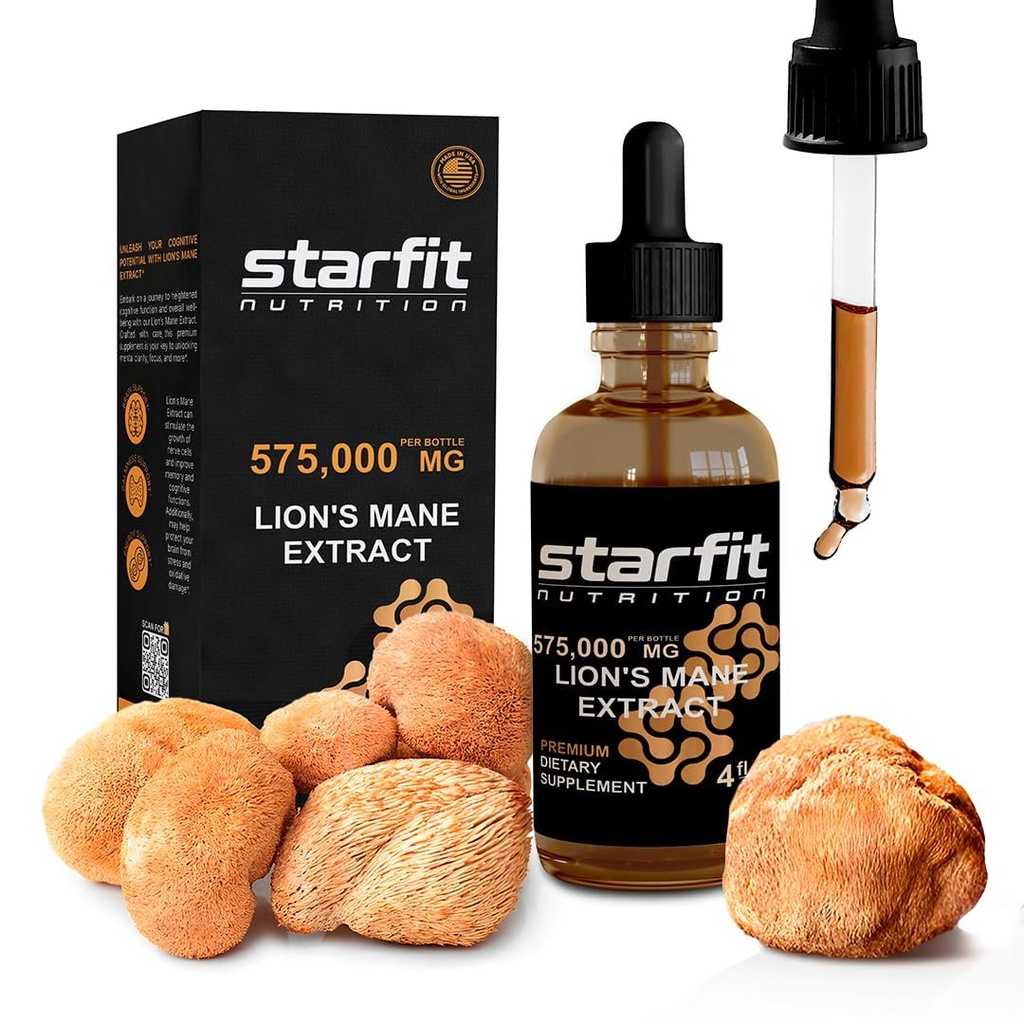 STARFIT Lion's Mane Mushroom 提取器,57.5万毫克,免疫支持、记忆和消化健康液体补充剂,4 floz