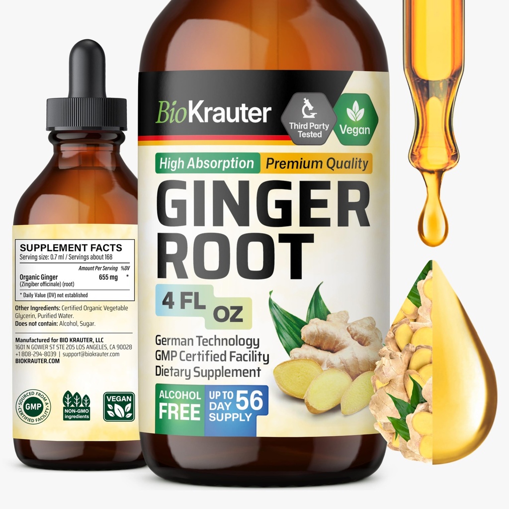 BIO KRAUTER 姜根提取法 - 总体健康天然姜类补充剂 - 无酒精和糖 - Vegan Drops 4 Fl.Oz.
