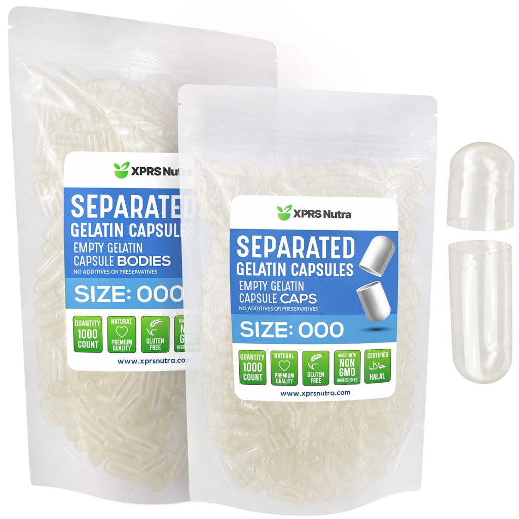 XPRS Nutra Separated Capsules Size 000-1000 Count Clear Large Empty Gelatin Capsules Separated in Bags - Premium Clear Empty 000 Pills for DIY Supplement Filling