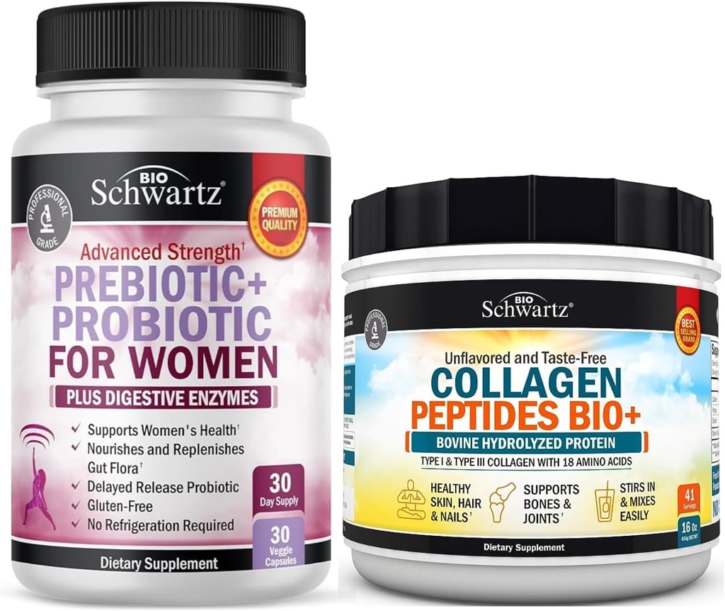 BioSchwartz 水解Collagen Peptides Powder(40+服务) 附加预生药和配有妇女消化酶的亲生药(1个月供应)