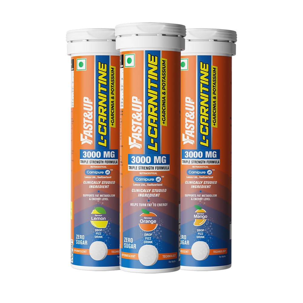 FAST&UP L-CARNITINE 3000 MG - Helps convert fat into energy, ADVANCED TRIPLE ACTION FORMULA, Carnipure™ Carnitine with added Garcinia cambogia and Potassium, Mango, Orange & Lime Lemon, Pack of 3