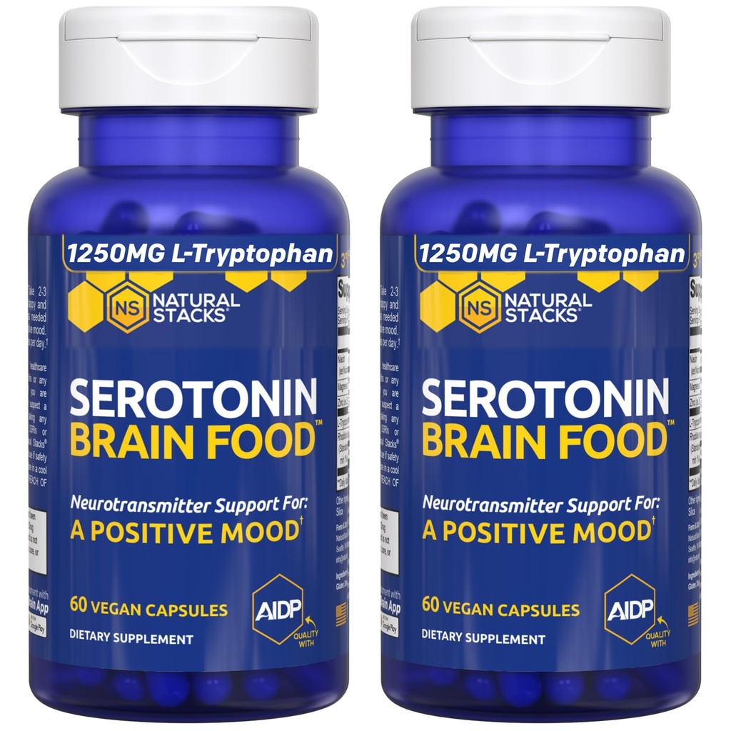 血清素脑食品 - 1,250mg L-Tryptophan & 400mg Rhodiola Rosea 补充 - 压力缓解的Mood支持补充 - 配有甘化镁和锌的神经递质支持 - 120 Capsules
