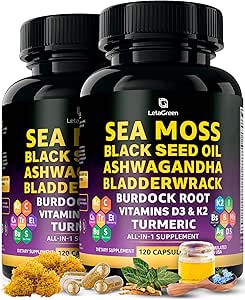Sea Moss Capsules – 17-in-1 Blend with Black Seed Oil Ashwagandha Bladderwrack Burdock 根图尔默克 维他命 D3 K2 C 代表每日健康 – 男女多矿物质补充 – 240 计数