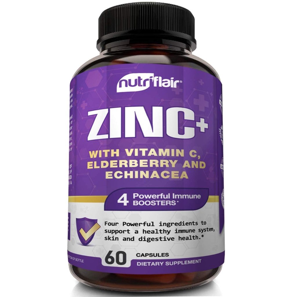 NutriFlair Zinc 50mg - 配有维生素C, 老年莓, Echinacea Purpurea 提取剂, 锌氧化剂 - 与配有4个免疫防御的全免疫支持配方药相比